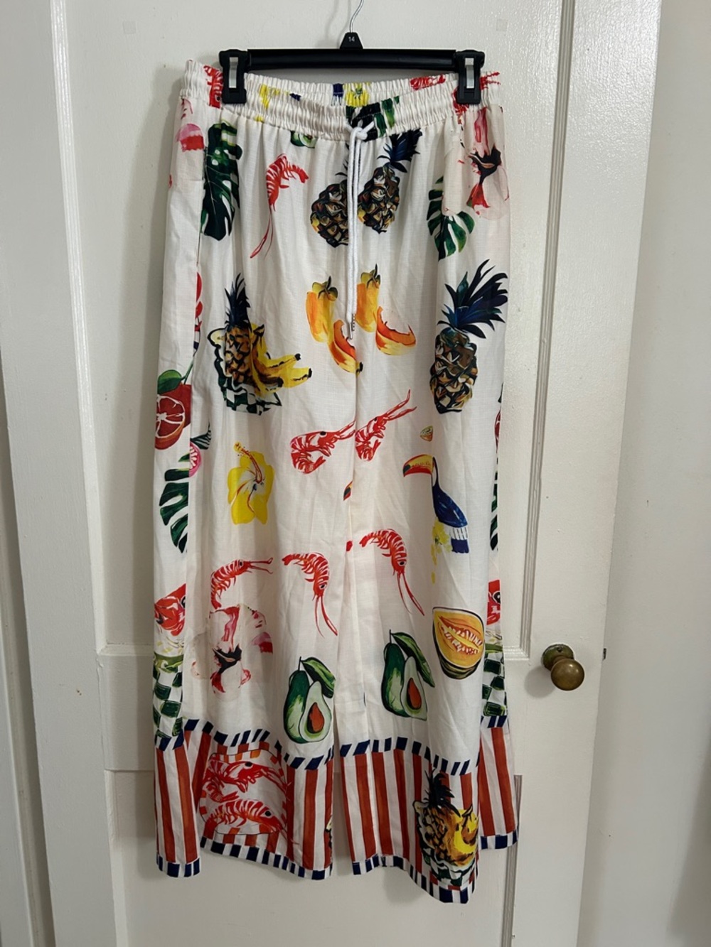 Tropical Print Drawstring Maxi Skirt - White Base with Multicolor Fruit & Fauna